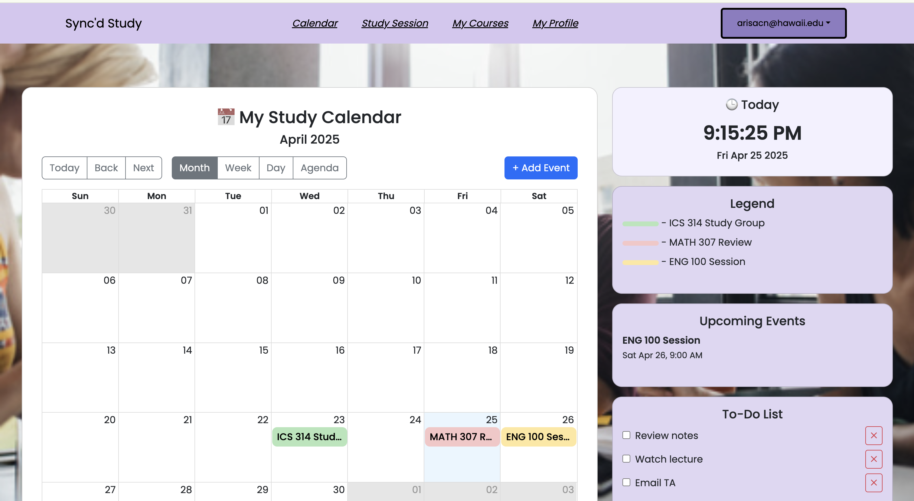 Sync'd Study User Calendar Page